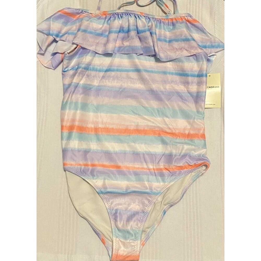 LUCKY BRAND Big GIRLS XL 16 Swimsuit One Piece RUFFLE Striped Off Shoulder NEW